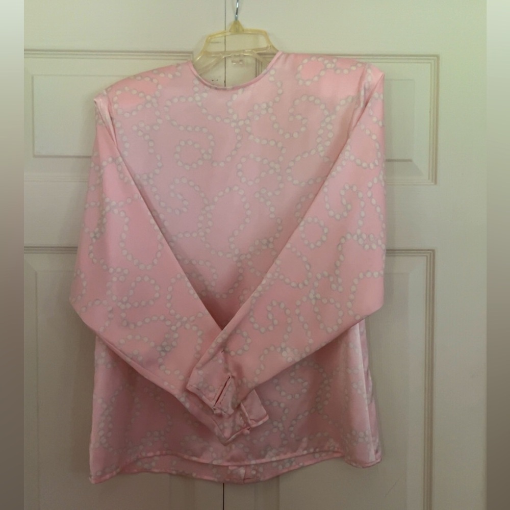 Beauty Satin Pink Blouse and Matching Skirt with White Swirl Design
